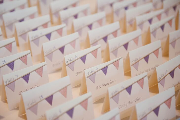 The bunting design that Katie and Garret used on their DIY invitations was echoed on their escort cards.