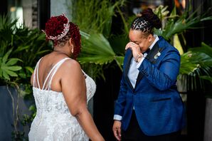 Brides Tear Up During First Look in Wedding Dress and Blue Suit