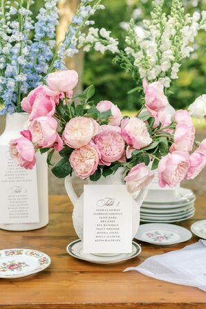 Vase With Pink Peonies as Part of Flower Bar Seating Chart, Table Number, Vintage Tea Saucers