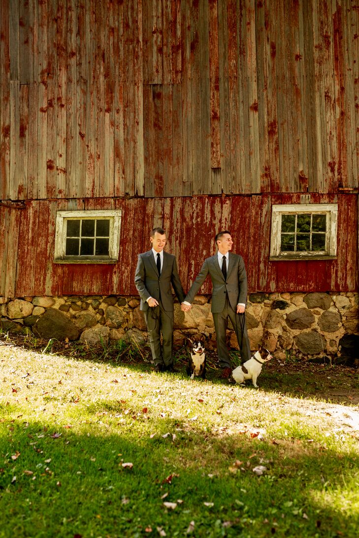 The grooms went through a lot of preparation to get the farmhouse in perfect shape for the wedding, including planting hydrangeas and merchandizing log piles. The farmhouse wedding was well worth the effort, especially because they got to drive back and forth to Michigan with some of their closest friends.