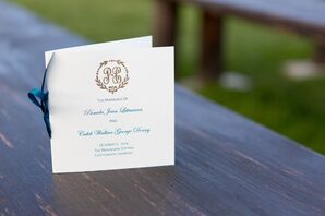 Gold Laurel Monogram Blue Script Ceremony Program