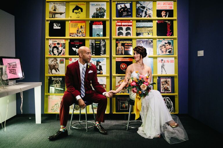 modern bride and groom in museum