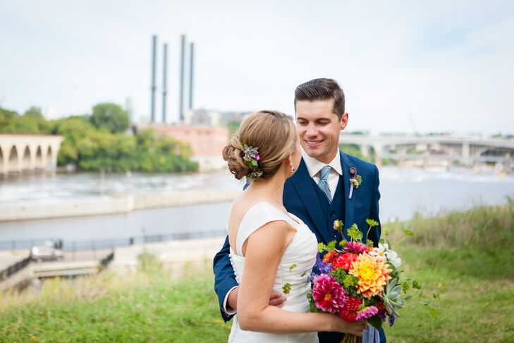 Wanting to add the lush garden feel to her look, Anna added succulents and mums to her braided updo.