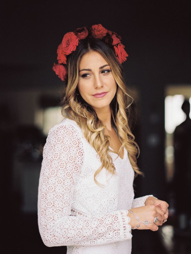 Flowers were an important part of Jenna and Jon’s outdoor affair in Gloucester, Massachusetts, from the fresh-picked centerpieces to Jenna’s Frida Kahlo-inspired flower crown. Moonstone & Moss created the vibrant headpiece that illuminated Jenna’s long romantic waves.