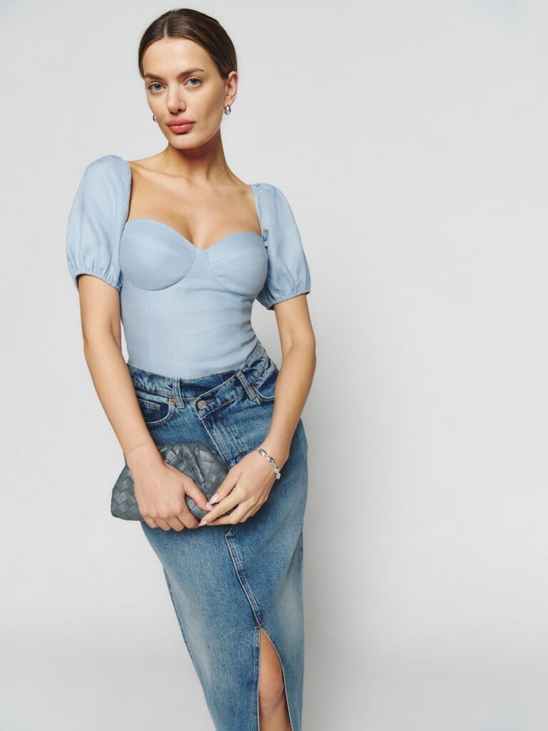 Blue linen top for a rehearsal dinner by Reformation. 