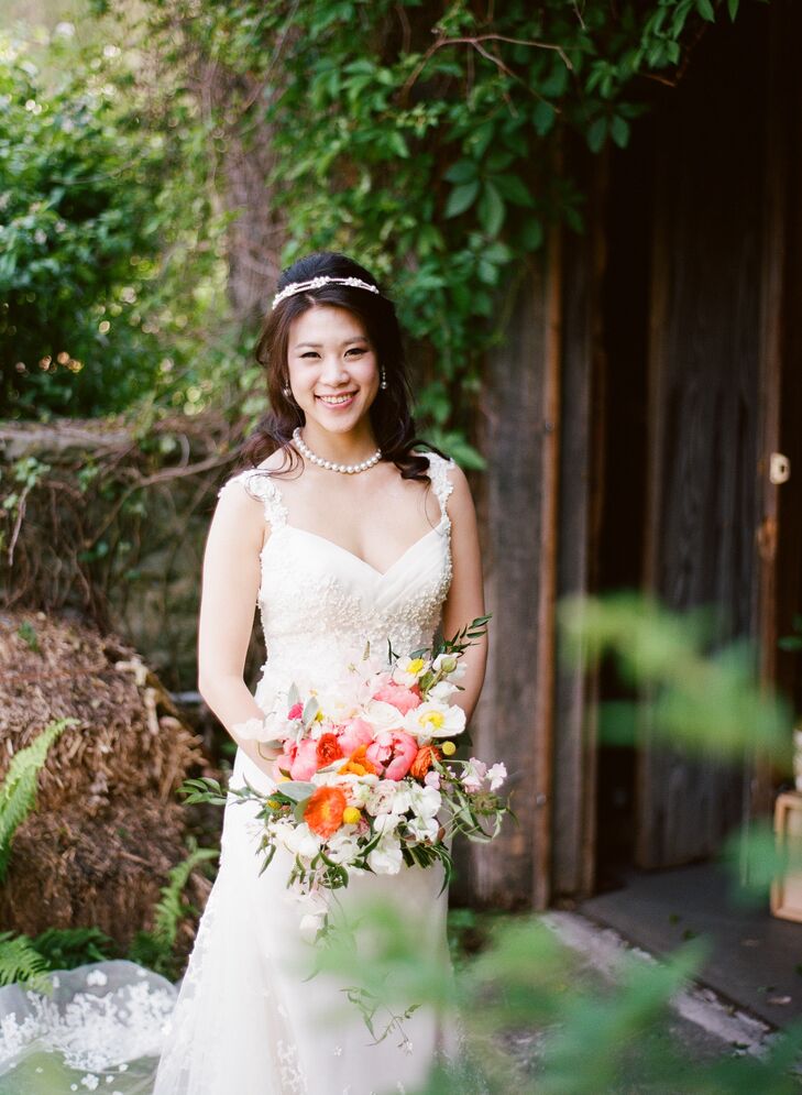 “My favorite colors are pink and yellow, so I told Ivie Joy that I wanted something warm and cheerful and left the rest to her," Alice says of her bouquet. "She used beautiful seasonal flowers to keep the costs low, and the results were stunning.” The bouquet was filled with peonies, craspedia, garden roses, poppies, sweet peas and assorted greenery and arranged into a loose bundle to achieve a textured, whimsical look.