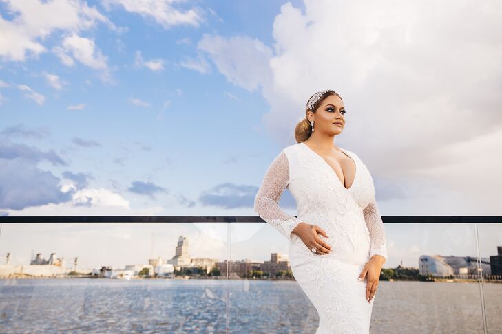 Bridal Portraits With Form-Fitting Long-Sleeve Wedding Dress by Baltimore Waterfront