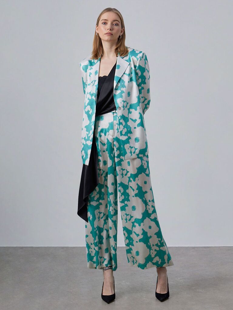 Silk Maison silk two-piece blue floral pantsuit set for the grandmother of the bride