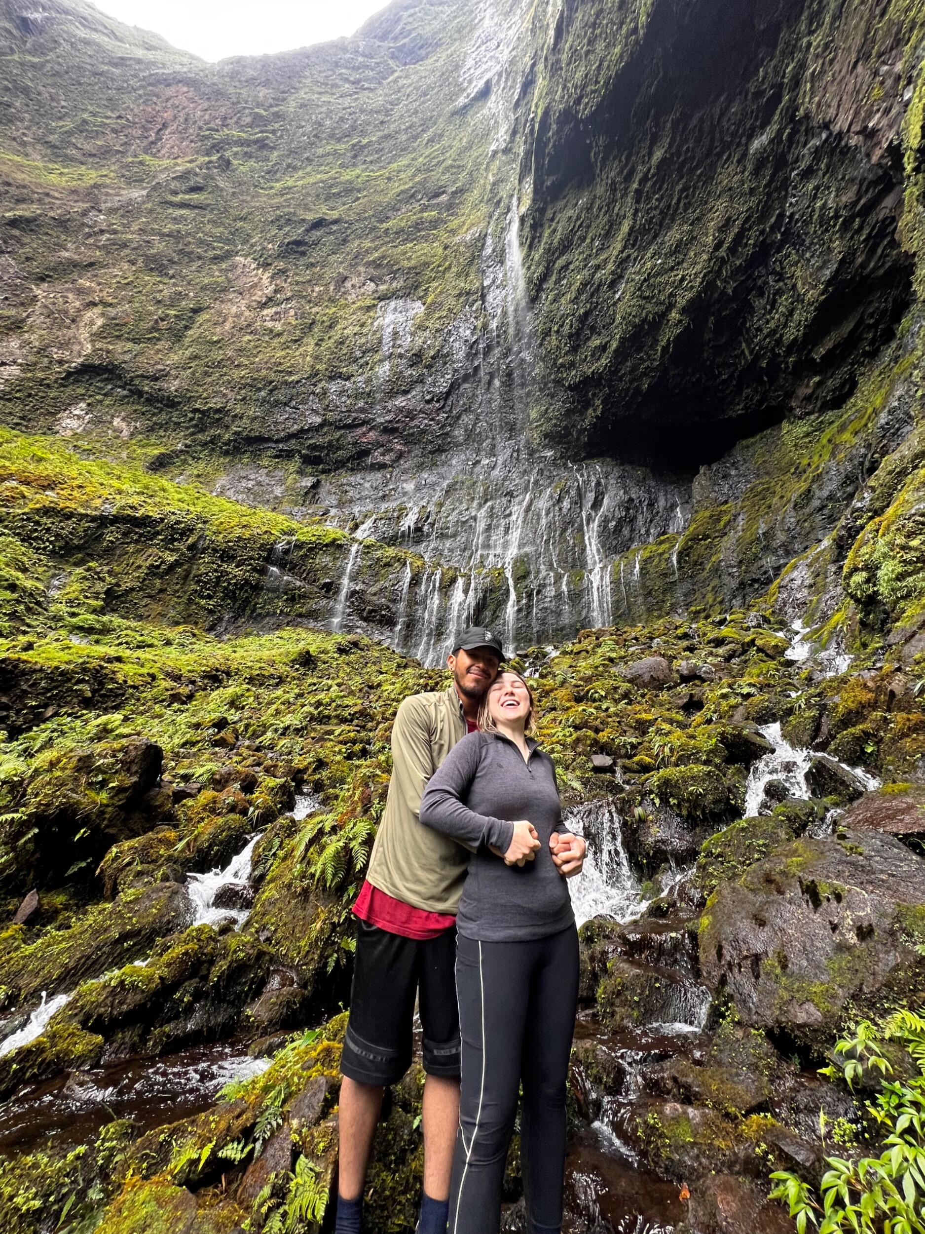 Ahhh, the awkward prom pose and bad angle make this picture for me (Alanah). That beautiful backdrop behind us was the jewel that we put in all that work to hike to. Sticking to our prior theme, that gorgeous waterfall is the Weeping Wall, also seen in Jurassic Park! (Poor Jose’s feet were destroyed by this hike, but it was so worth it!)