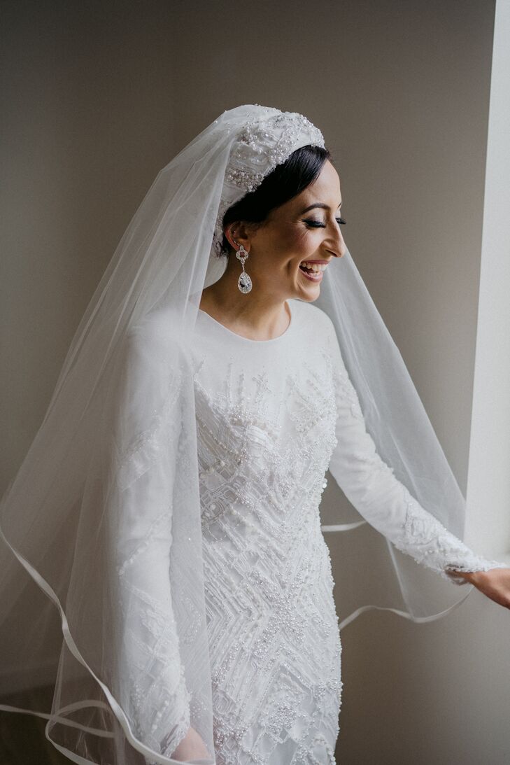 Bride With Custom Hijab Headpiece and Modest Wedding Dress