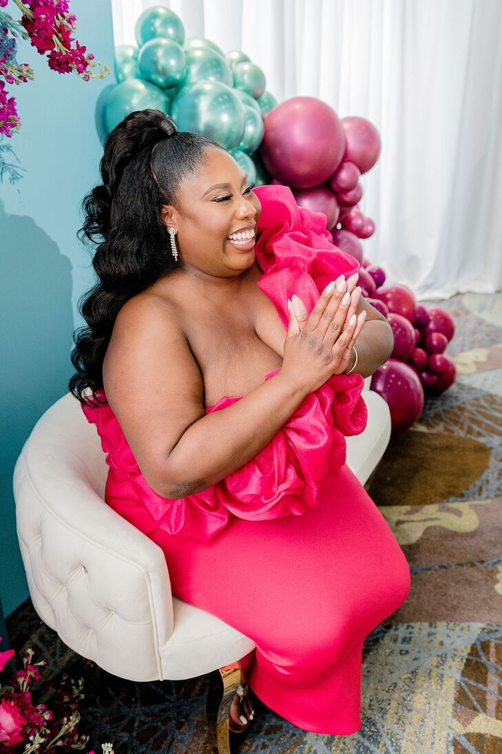 Bride With High Ponytail, Drop Earrings and a Pink, One-Shoulder Gown at Bright Bridal Shower