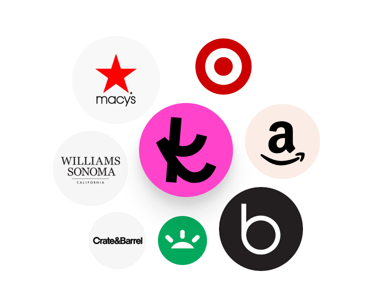 A graphic of The Knot logo surrounded by store logos including Williams Sonoma, Macy’s, Target, Amazon, Crate & Barrel, Pottery Barn and Bloomingdale’s.