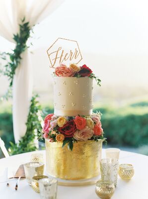 Colorful Wedding Cake with Gold Foil, Flowers and Topper