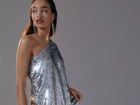 one shoulder sequin midi dress