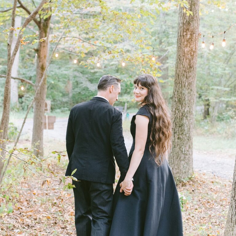 Black dress woodland engagement photo