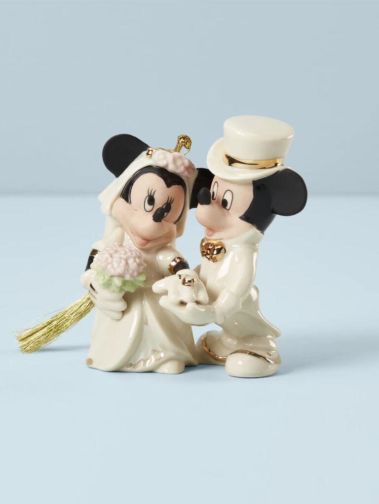 Mickey and Minnie in wedding attire porcelain ornament on gold chain