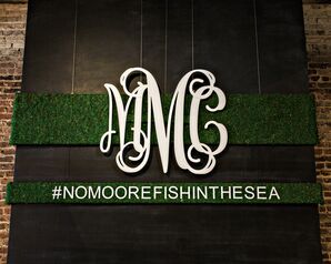 Oversize Monogram and Moss Reception Decor