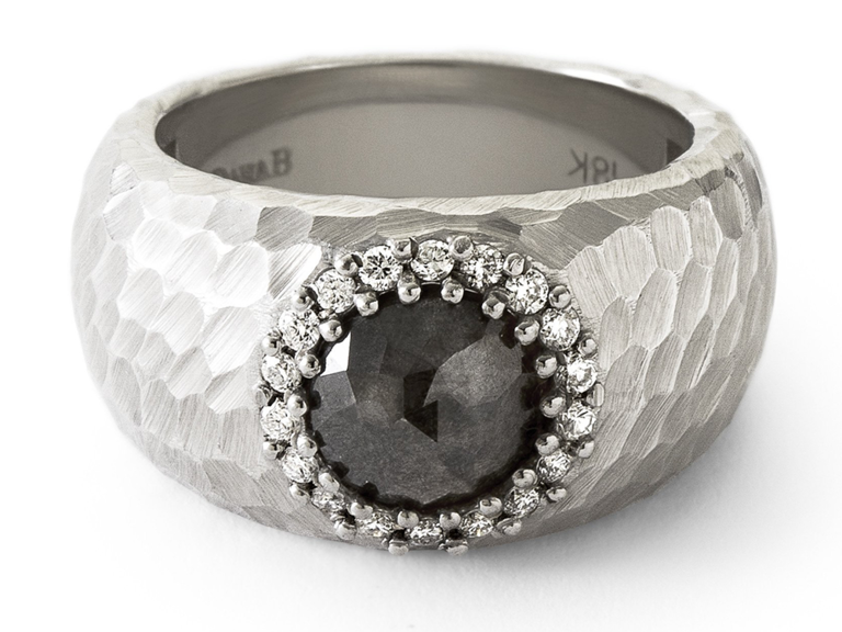 Black rose cut diamond with double pave diamond halo on thick silver band