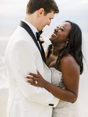 Bride and Groom During Waterfront Beach Wedding Photos