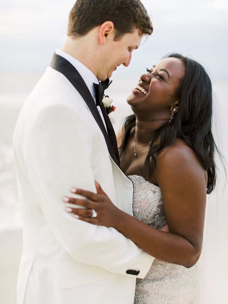 Bride and Groom During Waterfront Beach Wedding Photos