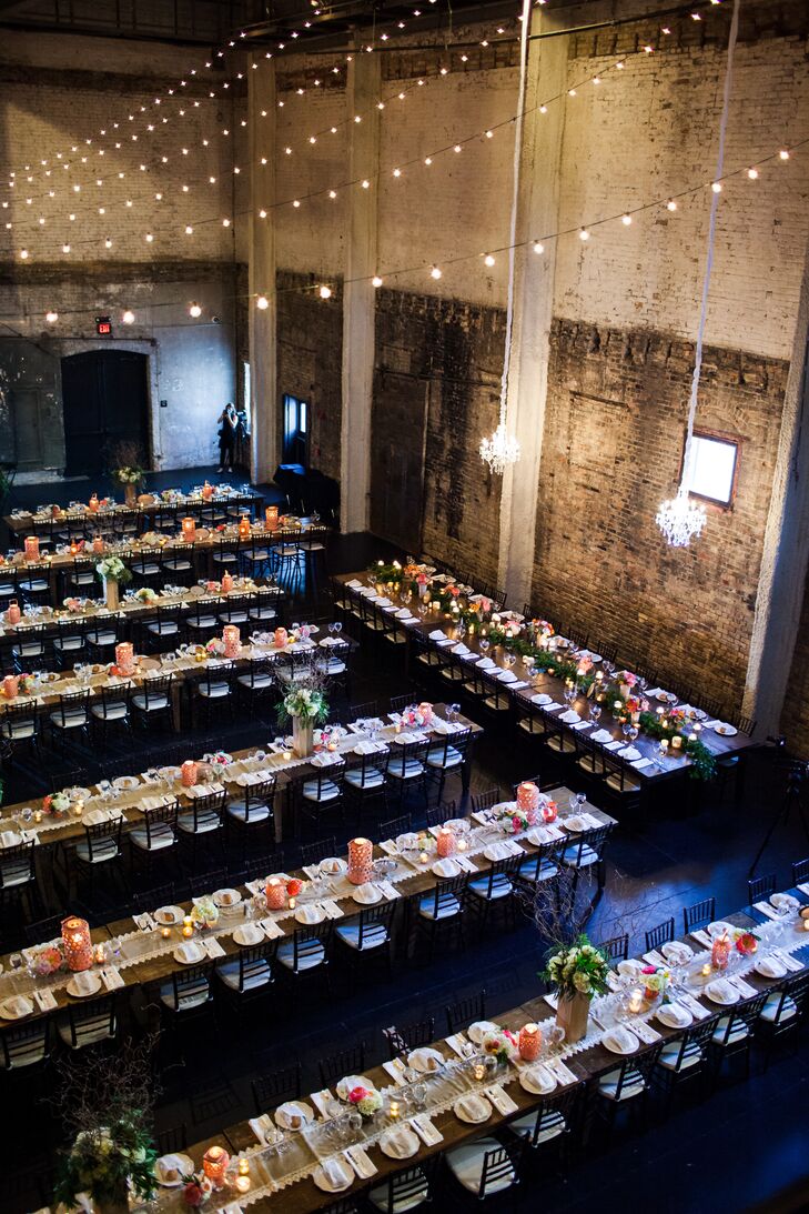 Molly and Boston flipped the space at Aria in Minneapolis, Minnesota, for the ceremony, cocktail hour and reception. Although the ceremony and reception were similar with the chiavari chairs, lanterns and florals decorating the space, the cocktail hour was a completely different vibe.