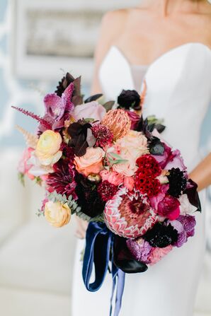 Bold Protea, Scabiosa, Celosia, Orchid and Rose Bouquet Tied with Blue Ribbon