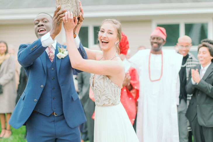 Couple Smiling After German Log Cutting at Wedding in Virginia
