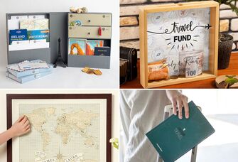 Four wedding gifts for travelers: travel storage, travel fund piggy bank, travel date idea book, pushpin world map