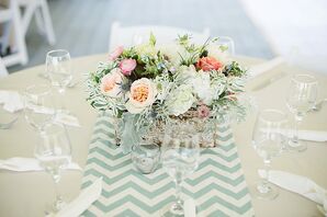 Summery Chevron Table Runners and Window Box Flower Arrangements
