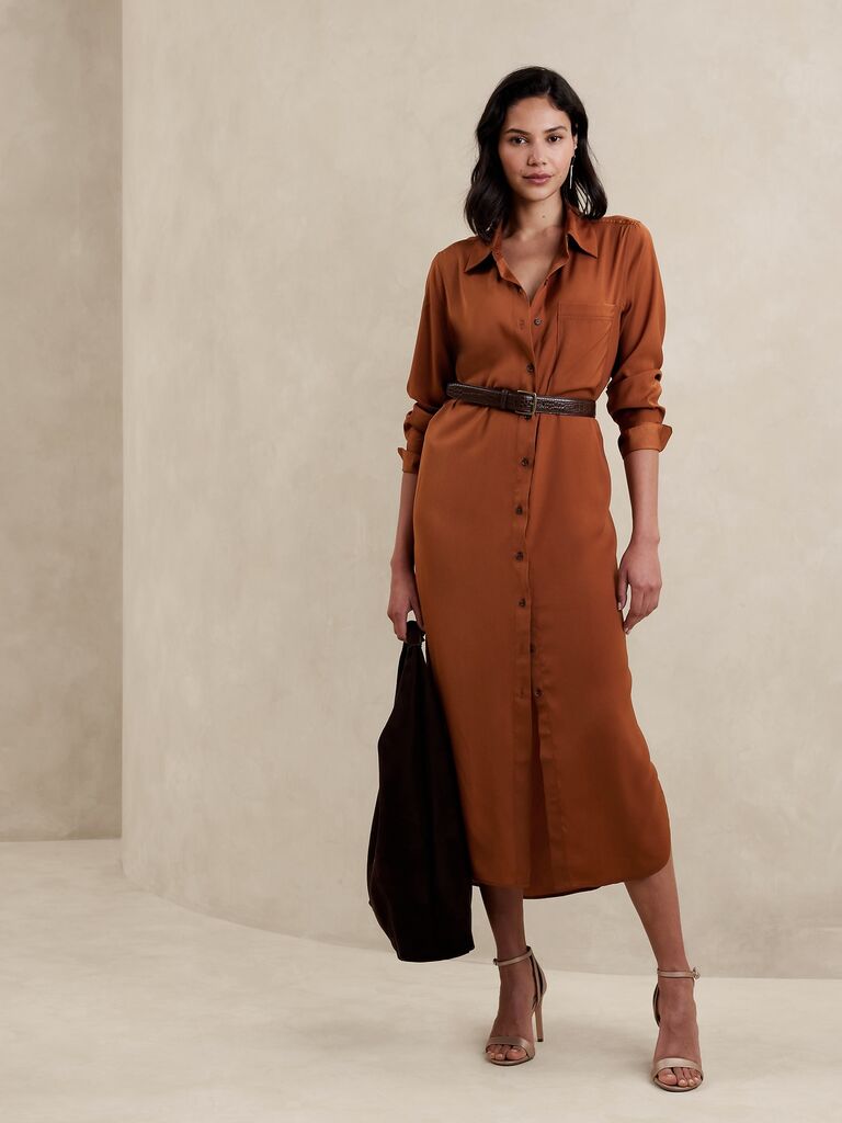 Burnt orange mother-of-the-bride shirt dress from Banana Republic