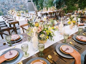 Wood Tables With White Linen Runners, Low Centerpieces, Colorful Chargers and Place Settings