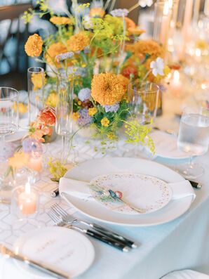 Floral-Themed Place Setting, Menu With Flower Design and Fresh Flowers, Bright Centerpiece