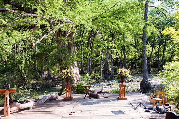 One of the many great things about a wedding at Old Glory Ranch in Wimberley, Texas, is that it has this beautiful spot on the property next to the Blanco River, which was exactly where Sarah and Bruce knew they wanted to say their vows.
