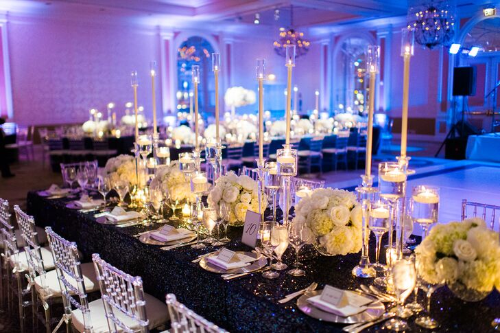Flickering candlelight played off the head table’s sequin-studded tablecloth to create a whimsical and glamorous effect.