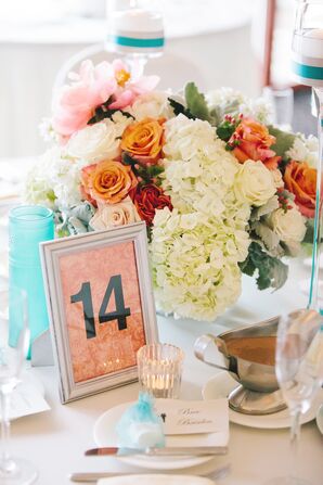 White Hydrangea and Coral Rose Centerpieces