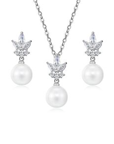 AW Bridal AW BRIDAL Pearl Drop Wedding Jewelry for Bride Cubic Zirconia Bridal Necklace and Earrings Set Pierced Bridal Earrings for Women Wedding Necklace Jewelry Set (Silver) Silver