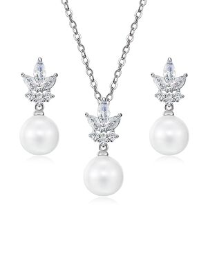 AW Bridal AW BRIDAL Pearl Drop Wedding Jewelry for Bride Cubic Zirconia Bridal Necklace and Earrings Set Pierced Bridal Earrings for Women Wedding Necklace Jewelry Set (Silver) Silver