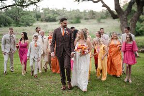 Bride With Colorful Bouquet, Groom in Brown Plaid Suit With Bright Bridal Party