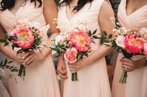 Coral Charm Peony Bouquets at Planterra Conservatory in Detroit, Michigan, Wedding