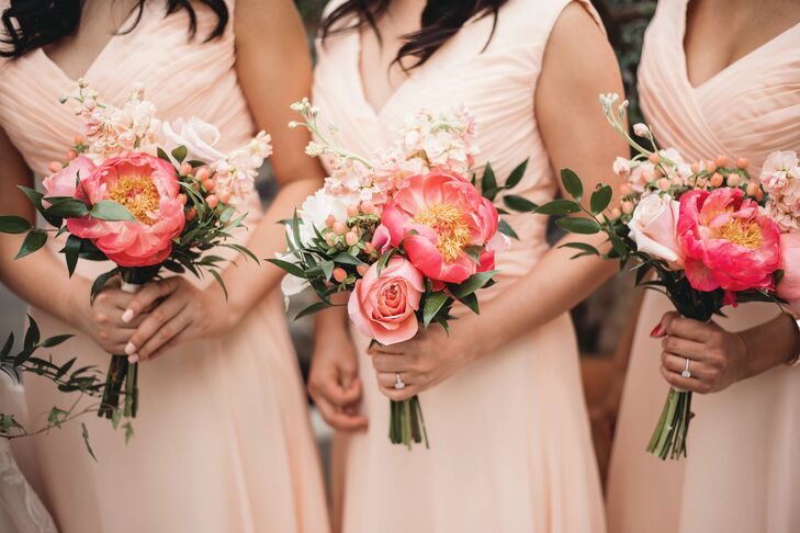Coral Charm Peony Bouquets at Planterra Conservatory in Detroit, Michigan, Wedding