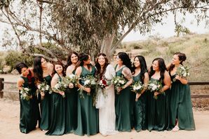Bridesmaids with Long Green Dresses and Bohemian Bouquets