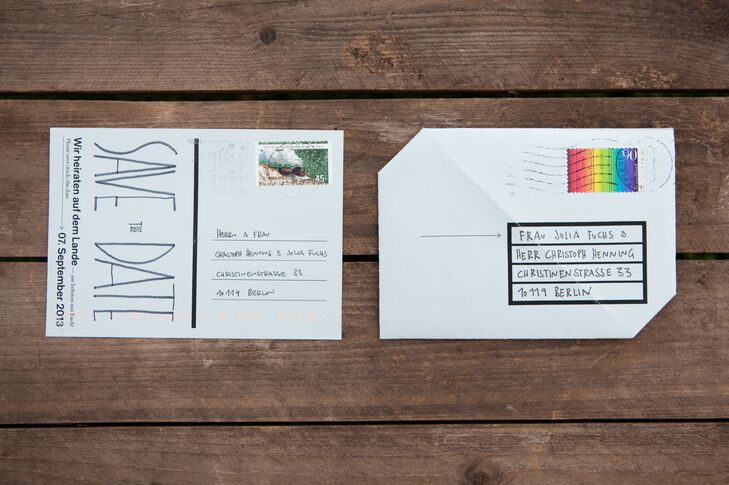 Diana designed all the modern wedding stationery herself, including the edgy postcard save-the-dates.