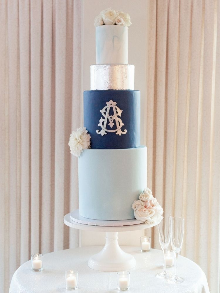 monogrammed blue wedding cake